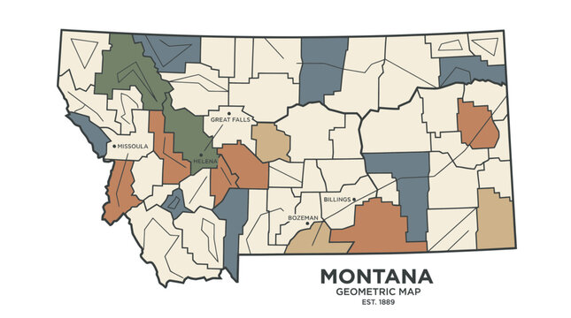 Montana Geometric Map with Highlighted Regions and Cities, Est. 1889