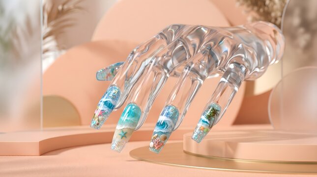 3D Glassmorphism Tropical Beach Encapsulated Summer Nail Art