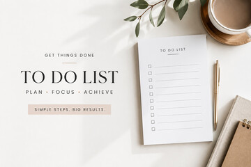 Fototapeta premium minimalist workspace featuring a TO DO LIST notepad, a pen, and coffee. The aesthetic is clean and bright, with eucalyptus leaves. goal concepts