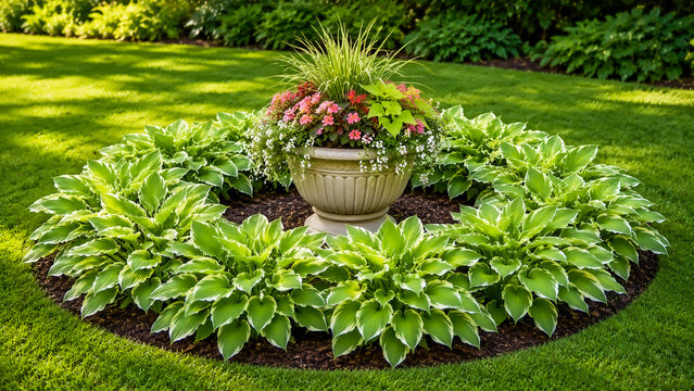 Circular garden bed idea. Green and white hostas surrounding a central decorative planter with colorful flowers on a lush green lawn. Landscaping background.