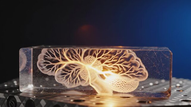 Glass block with laser engraved interior structure of human brain illuminated by shifting internal light. Advanced medical imaging and neuroscience research concept