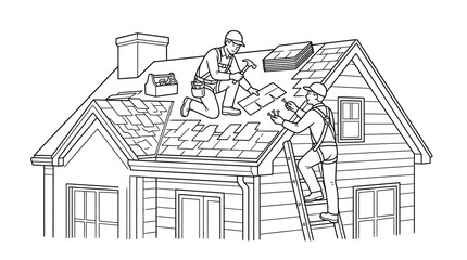 Naklejka premium Roofers Installing Shingles on Residential House Line Art Illustration