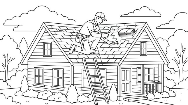 Roofer Repairing House Roof Coloring Page Line Art