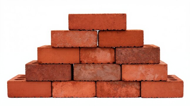 Stack of red clay bricks arranged in pyramid shape. Simple clean composition with earthy texture. Construction material for building and masonry.