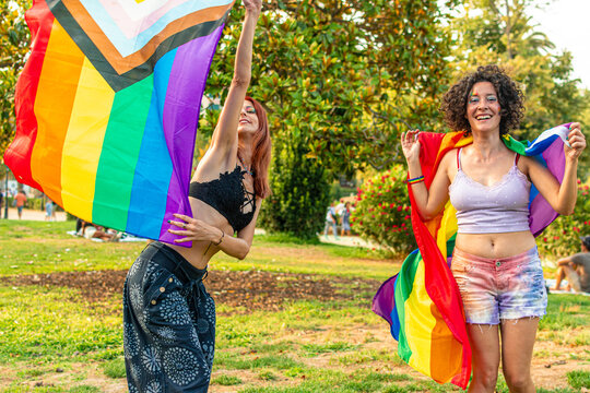 People celebrating lgtbqia plus pride moment in nature
