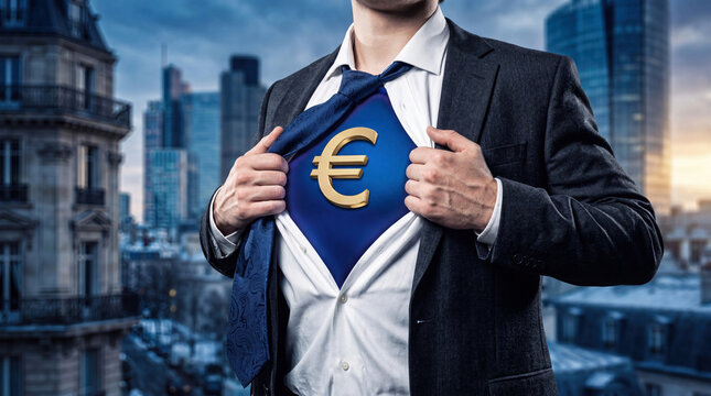 Businessman tearing open his white shirt like superhero to reveal golden euro symbol on blue chest suit background
