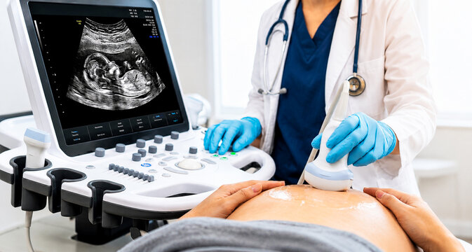 Pregnant woman receiving ultrasound scan in modern medical clinic with fetal image displayed on monitor, prenatal healthcare concept.