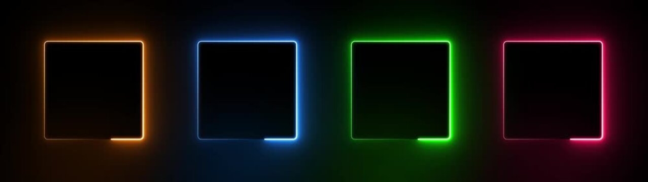 Gradient neon square frames set. Glowing borders isolated on a dark background. Colorful night banner, vector light effect.Motion graphics of rectangle frame