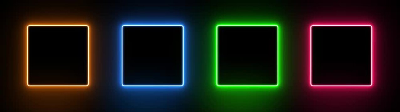 Gradient neon square frames set. Glowing borders isolated on a dark background. Colorful night banner, vector light effect.Motion graphics of rectangle frame