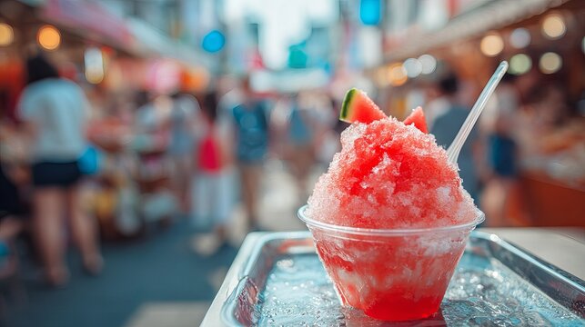 Refreshing red watermelon shaved ice dessert served in a clear plastic cup with a spoon at a busy street market