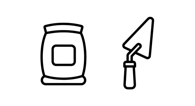 Construction material bag and masonry trowel icon with construction concrete building industry