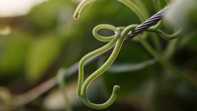 Curled vine tendrils climbing a support wire