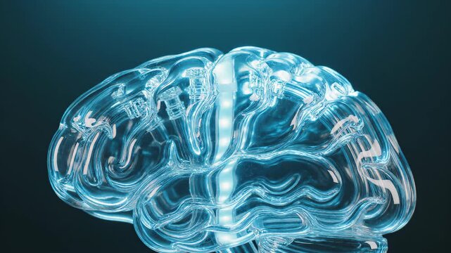 Glass model of human brain with glowing internal circuits. Artificial intelligence concept represented by transparent anatomical head structure on dark background