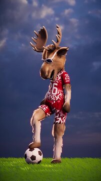 Funny moose goalkeeper warms up with a soccer ball on a grass field against a stunning sky background - 3D render