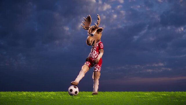 Funny moose goalkeeper warms up with a soccer ball on a grass field against a stunning sky background - 3D render