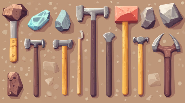 A colorful array of mining tools and rocks on a dusty brown ground, ready today