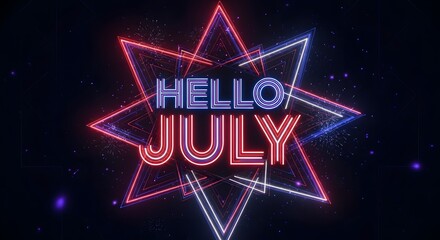 Naklejka premium Hello July neon text on patriotic red, white, and blue star geometric background, 4th of July Independence Day celebration concept