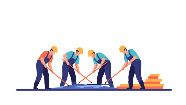 Construction Workers Spreading Blue Epoxy Floor Coating Vector