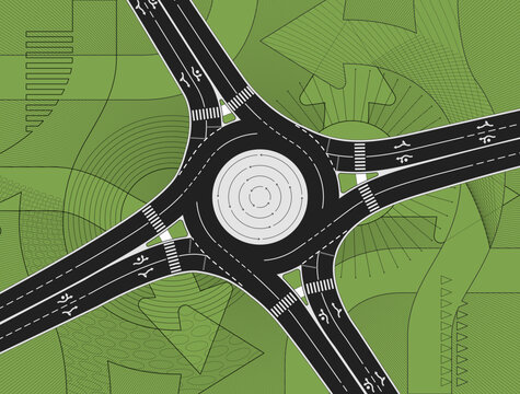 Green aerial illustration of urban roundabout with traffic markings