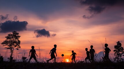 Fototapeta premium Group of energetic young children playing a fun game of football together during a beautiful vibrant orange sunset outdoors scene