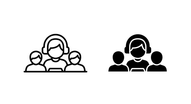Customer support representative and technical staff icons with customer operator business