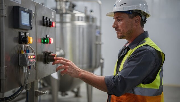 Medium shot of an engineer adjusting a variablefrequency drive control panel to optimize motor speed and reduce energy use in an industrial mixer system.