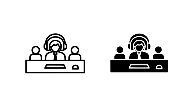 Customer support representative at computer desk icons with computer operator business customer