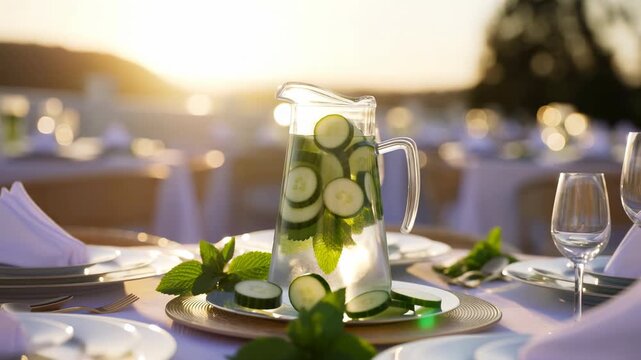 Cucumber mint water pitcher on elegant sunset table
