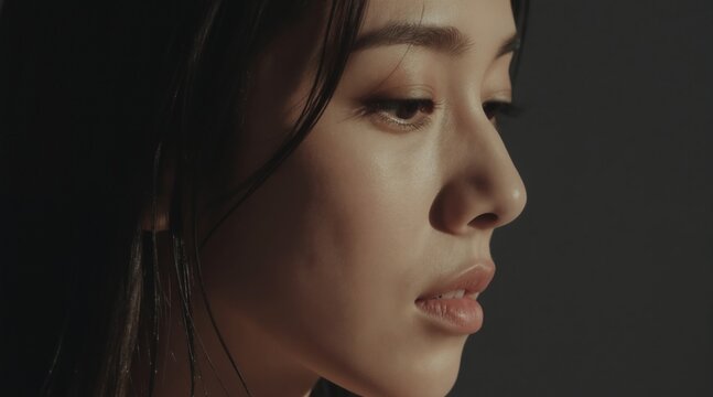 Close up profile of young Asian woman face, soft lighting highlights natural features. Gentle expression, subtle makeup, dark hair frames her serene look.