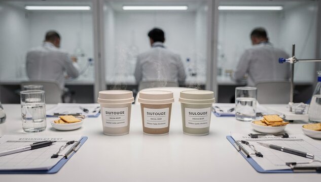 Triangletest sensory lab setup capturing three samples under soft lighting demonstrating scientific rigor in evaluating subtle variations in taste and scent profiles.