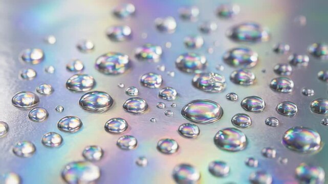Close up of colorful water droplets on a reflective surface with rainbow light effects and soft focus