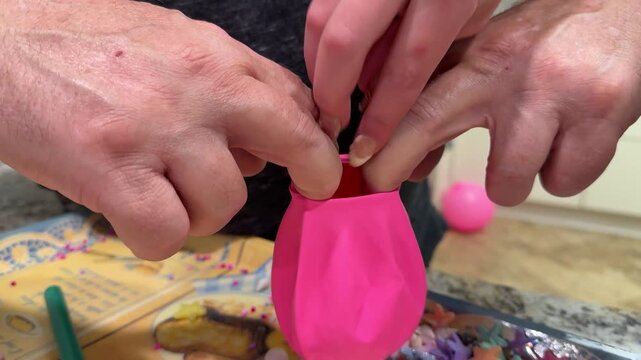 Hands Filling Balloon with Sensory Play Objects for Tactile Learning Activity
