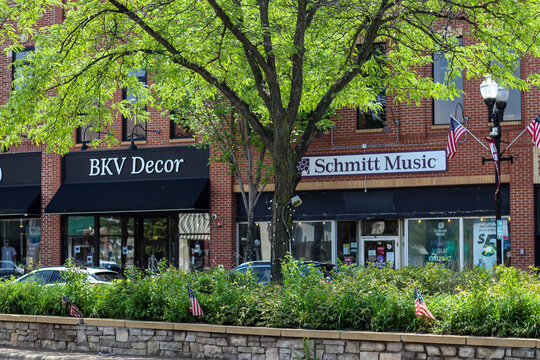 Anoka, MN - Jun 9, 2026: View of E. Main Street shops in the historic downtown area. Editorial Use.