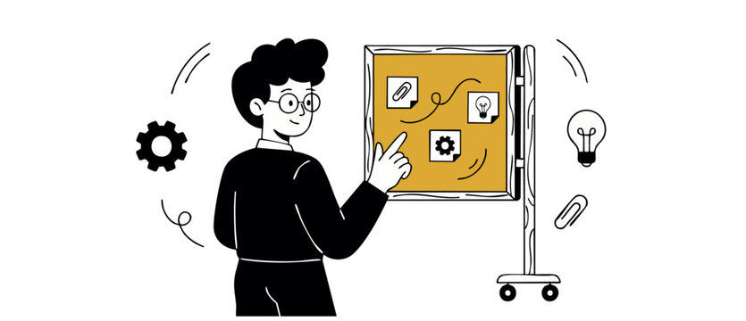 Business strategy outline illustration man presenting plan on yellow board with lightbulb gear icons creative brainstorming concept for project management innovation and teamwork problem solving workf