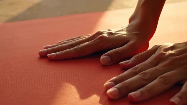 Hands pressing on orange exercise mat