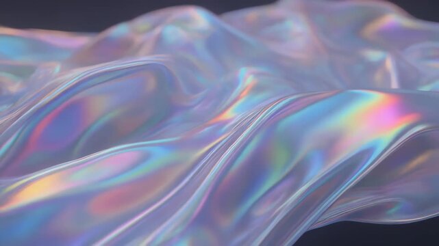 Smooth iridescent fabric with flowing folds and vibrant rainbow colors for abstract background design