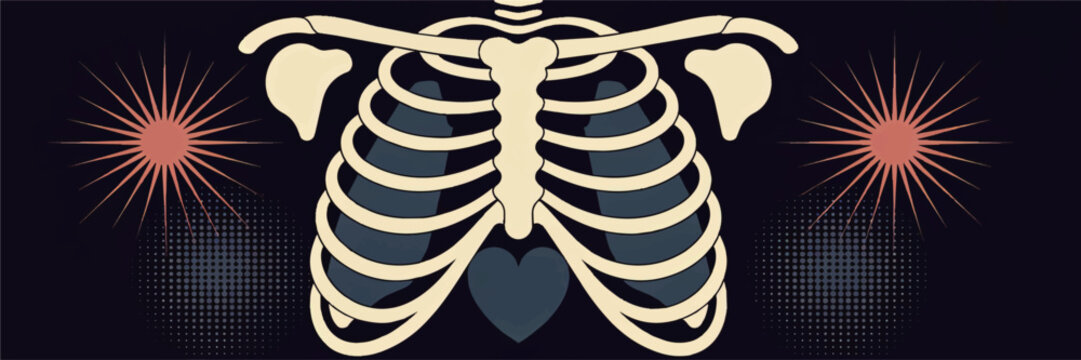 Retro anatomical rib cage illustration with stylized heart, shoulder bones and starburst accents on dark abstract background