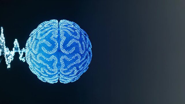 Blue artificial intelligence brain emitting light wave signal at different frequencies. Digital neural network anatomy model for computer science data analysis study