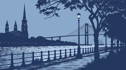 Fototapeta premium Scenic charleston waterfront skyline with bridge and historic spires