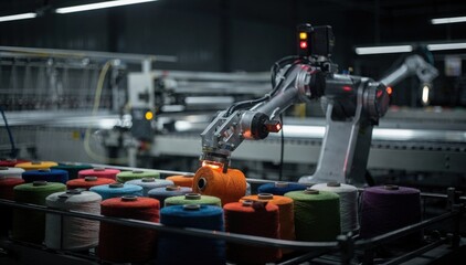 Fototapeta premium Medium shot capturing a robotic loader handling yarn cones under dim lighting of a night shift emphasizing continuous automated production in textile manufacturing.