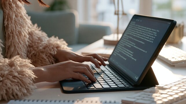 Overtheshoulder medium shot of a remote editor using a tablet and keyboard updating breakingnews metadata with AI tag suggestions soft daylight fills a minimal home office setting.