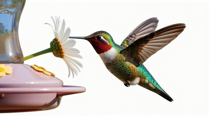 Fototapeta premium Tiny hummingbird with iridescent feathers drinks nectar from white daisy flower. Bird hovers near pink feeder in garden. Small creature eats sweet liquid. Tiny bird.