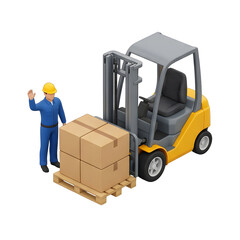 Naklejka premium Isometric forklift and worker with boxes on pallet