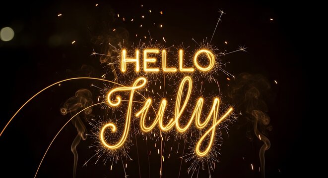 Hello July text written with golden light painting sparklers, patriotic 4th of July summer celebration concept on black background