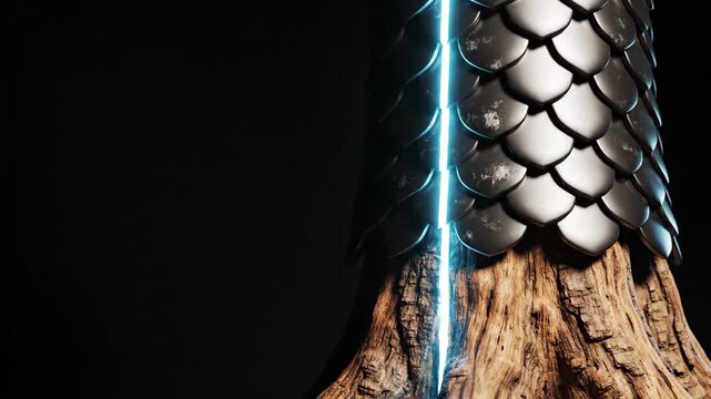 Tree bark covered in metallic scale armor. Abstract conceptual sculpture with glowing blue energy line. Fusion of natural organic texture and industrial design