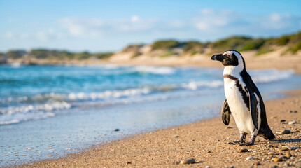 Obraz premium A black and white penguin stands on a sandy beach looking right. Gentle blue waves roll in. Blurred coastal dunes and a partly cloudy blue sky fill the background.