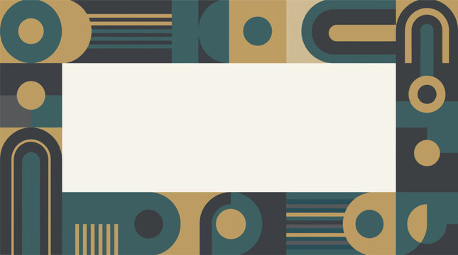 Abstract Geometric Background with Mid Century Modern Shapes and Central Copy Space Frame in Teal and Gold Tones