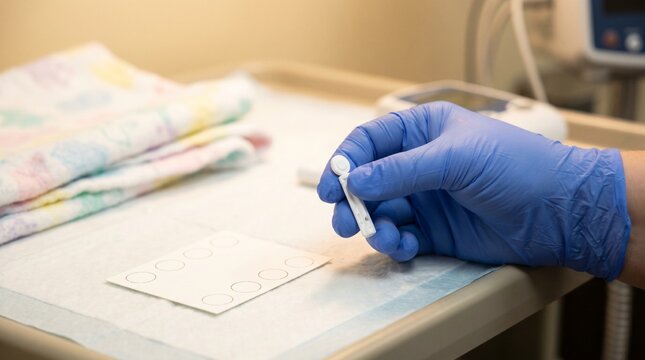 Gloved hand holding a sterile lancet over a newborn metabolic screening card, concept of heel prick blood spot test, neonatal screening and pediatric diagnostics.
