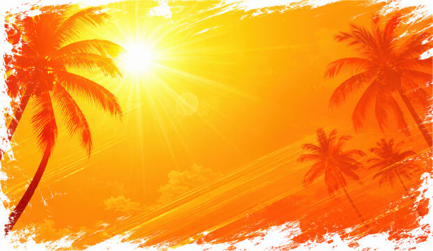 Hot sunny days, summertime background with palm trees, white brush strokes, vector illustration, summer sun, tropical beach, season design, vacation vibes, sunny landscape