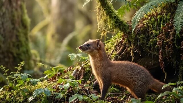 Curious Weasel Emerging from Dense Forest Vegetation